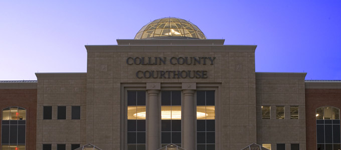 Front side of the Collin County Courthouse building in McKinney, TX